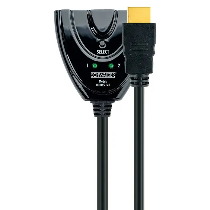 Schwaiger HDMI-Umschalter Manueller 2-Port HDMI Switch / Umschalter mit Kabel - Schwarz - Schwarzer 2-Port HDMI-Umschalter/Splitter mit Auswahltaste, Eingangs-LEDs und angeschlossenem HDMI-Kabel mit Goldstecker.