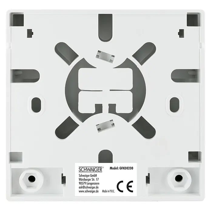 Schwaiger Schutzgehäuse für Glasfaseranschlüsse - Weiß - Weiße quadratische Montageplatte mit Innenstruktur, Schraubenlöchern und Produktetikett 'SCHWAIGER GFKD0200'.