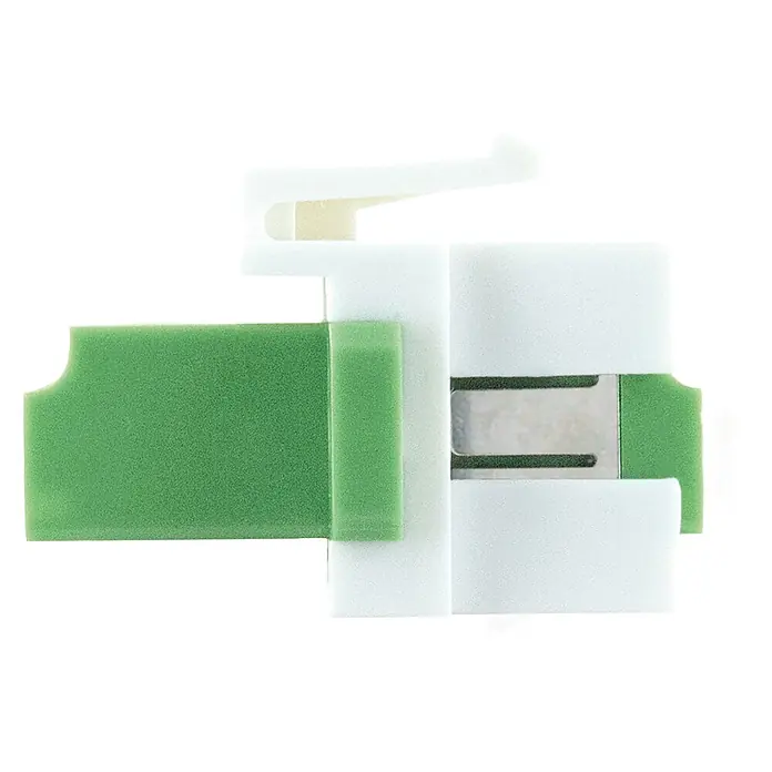 Schwaiger Netzwerk-Stecker Glasfaser Keystone-Adapter LC-Duplex - Weiß - Weißer Kunststoffrahmen mit grünem Schaumstofffilter und kleinem Metallclip.