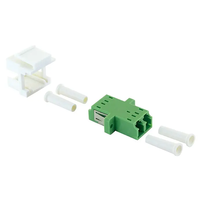 Schwaiger Netzwerk-Stecker Glasfaser Keystone-Adapter LC-Duplex - Weiß - Explosionsdarstellung eines grünen Duplex-LWL-Adapters mit weißem Montagerahmen und vier weißen Keramik-Ausrichthülsen.