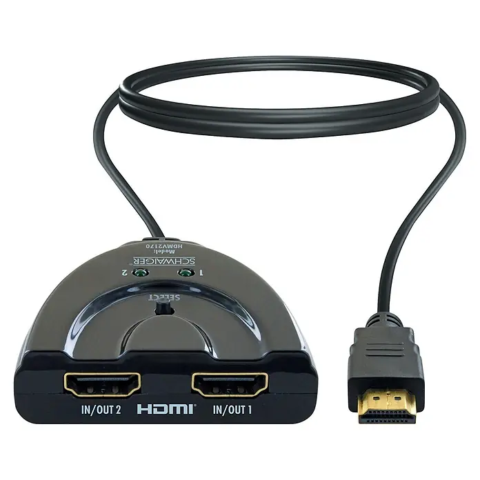 Schwaiger HDMI-Umschalter Manueller 2-Port HDMI Switch / Umschalter mit Kabel - Schwarz - Schwarz-grauer bidirektionaler HDMI 2-Port Splitter/Umschalter mit Auswahlknopf, LEDs, integriertem HDMI-Kabel und vergoldeten Anschlüssen.