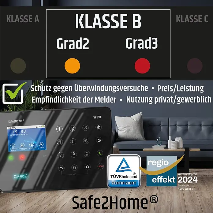 Safe2Home Alarmanlagen-Set Profi Serie SP310 - 17 -tlg., L x B x H: 195 x 136 x 31 mm - Ein schwarzes Safe2Home SP310 Alarmanlagen-Bedienfeld mit Digitalanzeige und Tastenfeld, in einem modernen Wohnambiente platziert.