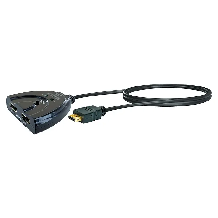 Schwaiger HDMI-Umschalter Manueller 2-Port HDMI Switch / Umschalter mit Kabel - Schwarz - Schwarzer HDMI-Umschalter mit zwei Eingängen und Auswahltaste, verbunden mit einem schwarzen Kabel mit vergoldetem HDMI-Stecker.
