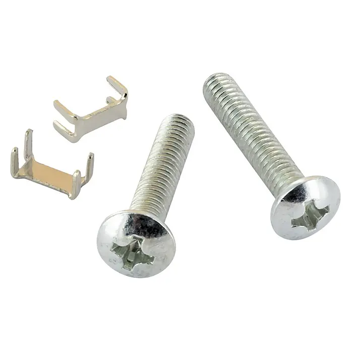Schwaiger Schutzgehäuse für Glasfaseranschlüsse - Weiß - Zwei silberne Kreuzschlitzschrauben und zwei Metallklammern.