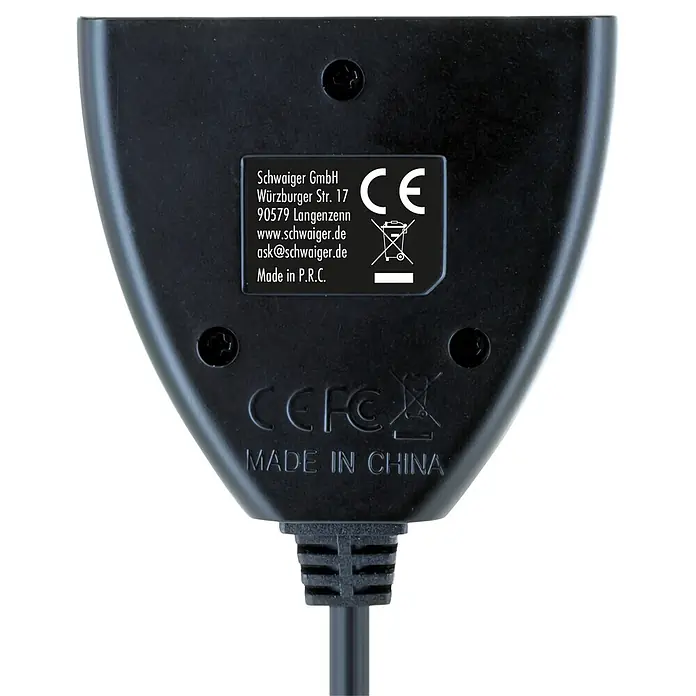 Schwaiger HDMI-Umschalter Manueller 2-Port HDMI Switch / Umschalter mit Kabel - Schwarz - Rückseite eines schwarzen Kunststoffadapters mit Herstellerinformationen, CE- und WEEE-Kennzeichnung sowie "Made in China"-Aufschrift. Ein Kabel ist unten angeschlossen.