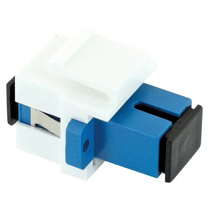 Schwaiger Netzwerk-Stecker Glasfaser Keystone-Adapter SC-Simplex - Weiß - Lichtwellenleiter-Adapter, weiß und blau mit schwarzen Endkappen, zum Verbinden von Glasfaserkabeln.