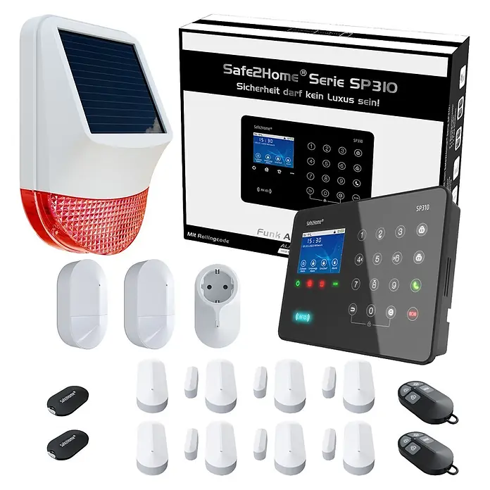 Safe2Home Alarmanlagen-Set Profi Serie SP310 - 17 -tlg., L x B x H: 195 x 136 x 31 mm - Ein komplettes weißes und schwarzes Hausalarmsystem-Kit mit Bedienfeld, Solarsirene, Bewegungsmeldern, Tür-/Fensterkontakten, Smart Plug und Fernbedienungen.