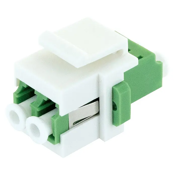 Schwaiger Netzwerk-Stecker Glasfaser Keystone-Adapter LC-Duplex - Weiß - Weiß-grüne modulare Audiobuchse mit zwei 3,5-mm-Anschlüssen, ideal für Audioinstallationen.