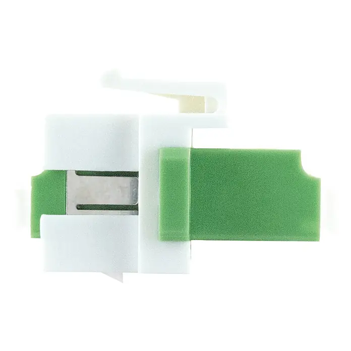 Schwaiger Netzwerk-Stecker Glasfaser Keystone-Adapter LC-Duplex - Weiß - Weißer und grüner Dental-Beißblock mit zentralem Metallteil.