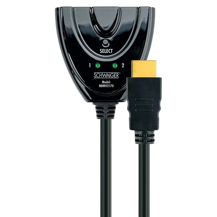 Schwaiger HDMI-Umschalter Manueller 2-Port HDMI Switch / Umschalter mit Kabel - Schwarz - Schwarzer glänzender 2-Port HDMI-Umschalter mit zwei grünen LEDs und angeschlossenem HDMI-Kabel.