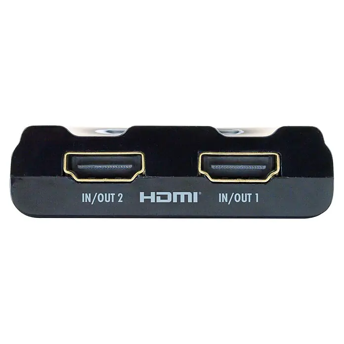 Schwaiger HDMI-Umschalter Manueller 2-Port HDMI Switch / Umschalter mit Kabel - Schwarz - Schwarzer HDMI-Umschalter/Splitter mit zwei Anschlüssen (IN/OUT 1, IN/OUT 2) und HDMI-Logo.