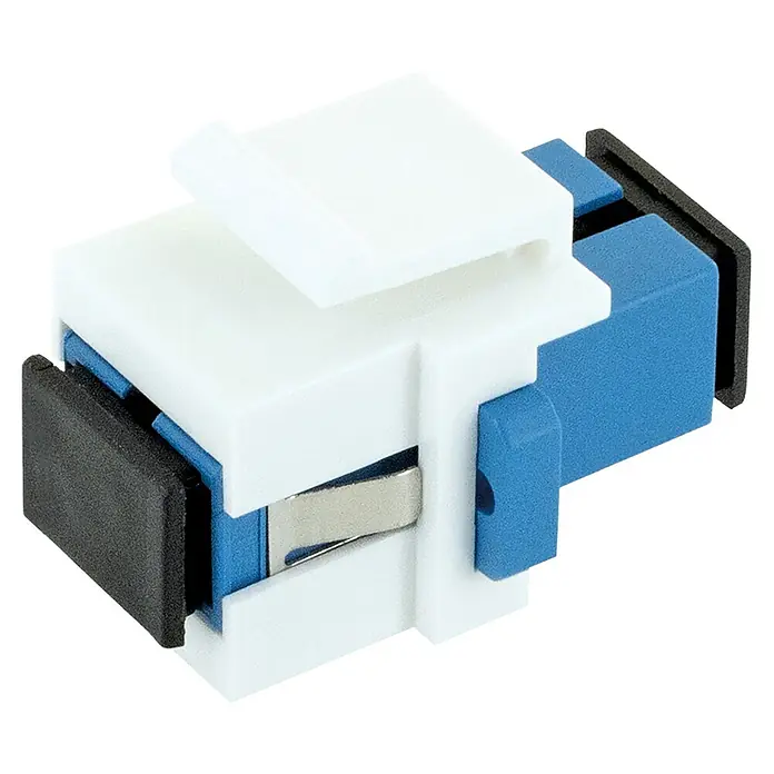 Schwaiger Netzwerk-Stecker Glasfaser Keystone-Adapter SC-Simplex - Weiß - Weißer und blauer Duplex-Lichtwellenleiteradapter mit schwarzen Endkappen und einem Metallclip.