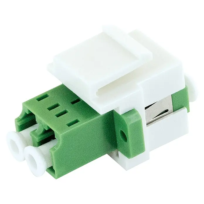 Schwaiger Netzwerk-Stecker Glasfaser Keystone-Adapter LC-Duplex - Weiß - Grün-weißer Duplex-Lichtwellenleiteradapter aus Kunststoff mit Metallteilen und zwei Anschlussöffnungen.