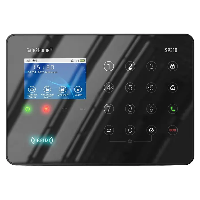 Safe2Home Alarmanlagen-Set Profi Serie SP310 - 17 -tlg., L x B x H: 195 x 136 x 31 mm - Schwarzes Safe2Home SP310 Alarmsystem mit Digitalanzeige für Uhrzeit und Status sowie beleuchteter numerischer Tastatur.