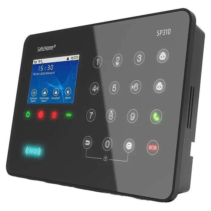 Safe2Home Alarmanlagen-Set Profi Serie SP310 - 17 -tlg., L x B x H: 195 x 136 x 31 mm - Dunkelgraues Smart-Home-Bedienfeld mit Digitalanzeige, Touchscreen-Tastatur und verschiedenen Sicherheitsstatusanzeigen, inkl. RFID, SOS und Alarmfunktionen.