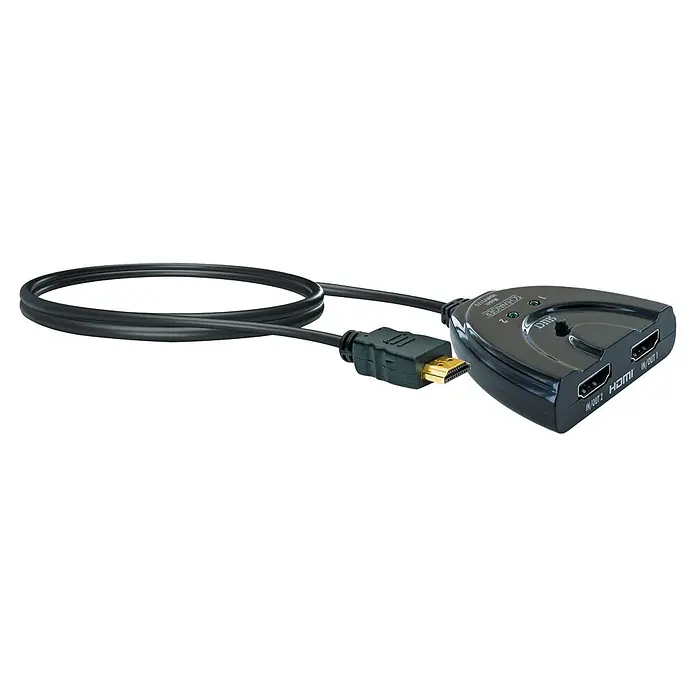 Schwaiger HDMI-Umschalter Manueller 2-Port HDMI Switch / Umschalter mit Kabel - Schwarz - Schwarzer HDMI-Umschalter mit zwei Eingängen/Ausgängen und integriertem HDMI-Kabel, mit Auswahltaste und Anzeigeleuchten.