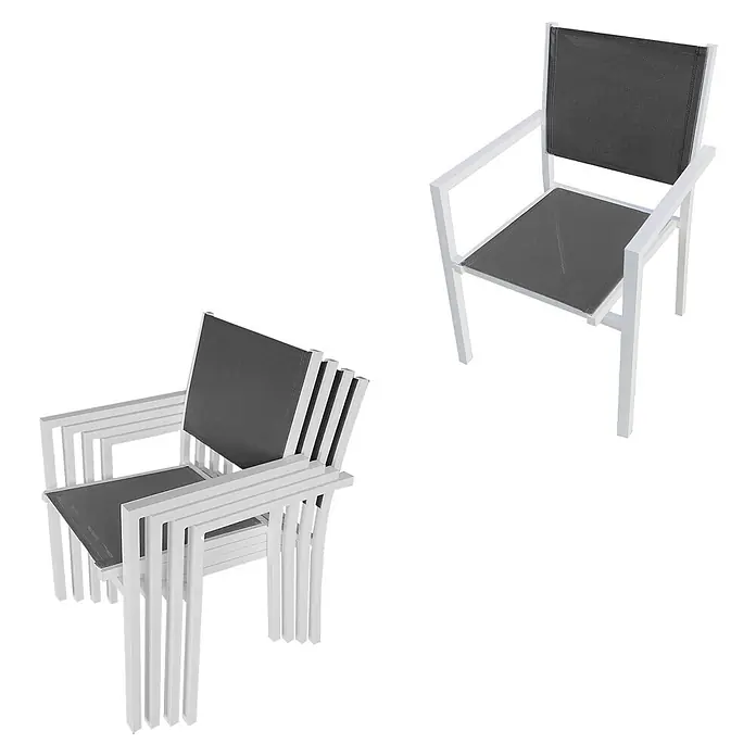 Happy Garden Gartentisch-Set LAMPEDUSA - Gesamtumfang: 9 -tlg., Aluminium - Weiße, stapelbare Stühle mit dunkelgrauen Netzsitzflächen und Rückenlehnen.