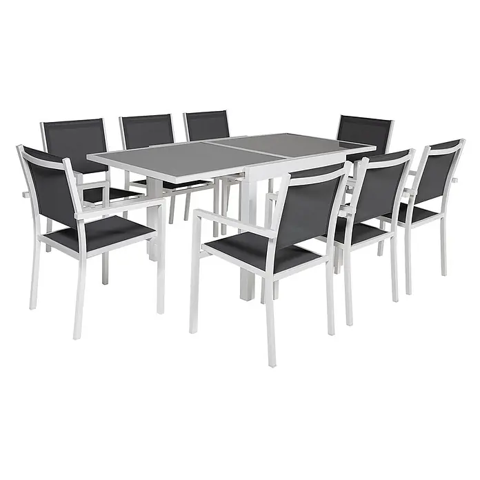 Happy Garden Gartentisch-Set LAMPEDUSA - Gesamtumfang: 9 -tlg., Aluminium - Weißes Aluminium-Gartenset mit dunkelgrauen Stoffsitzen und ausziehbarem Tisch.