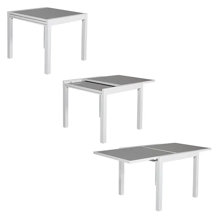 Happy Garden Gartentisch-Set LAMPEDUSA - Gesamtumfang: 9 -tlg., Aluminium - Weißer und grauer ausziehbarer Gartentisch, geschlossen, teils und voll ausgezogen dargestellt.