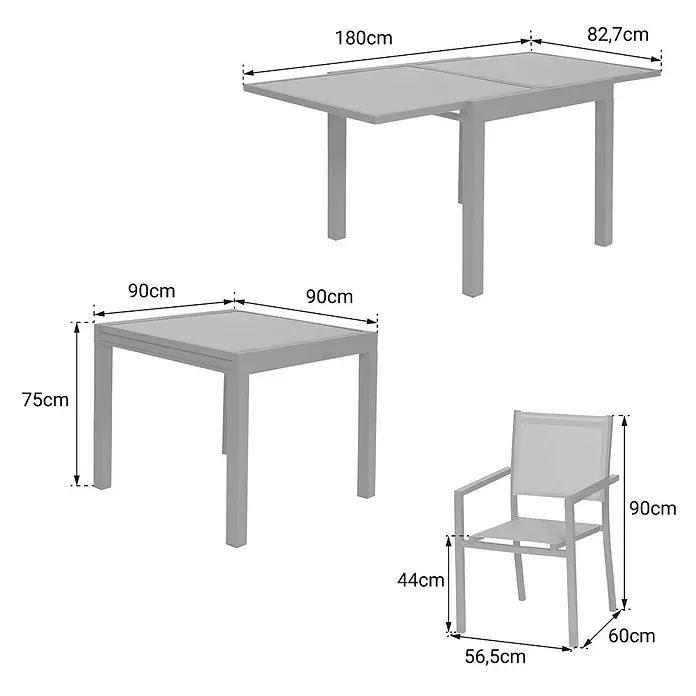 Happy Garden Gartentisch-Set LAMPEDUSA - Gesamtumfang: 9 -tlg., Aluminium - Moderner grauer Gartenmöbel-Set: ausziehbarer Tisch, quadratischer Tisch und Stuhl.