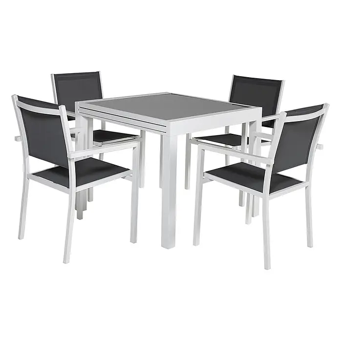 Happy Garden Gartentisch-Set LAMPEDUSA - Gesamtumfang: 9 -tlg., Aluminium - Weißes Aluminium-Gartenessgruppe mit dunkelgrauen Netzstühlen und quadratischem Tisch.