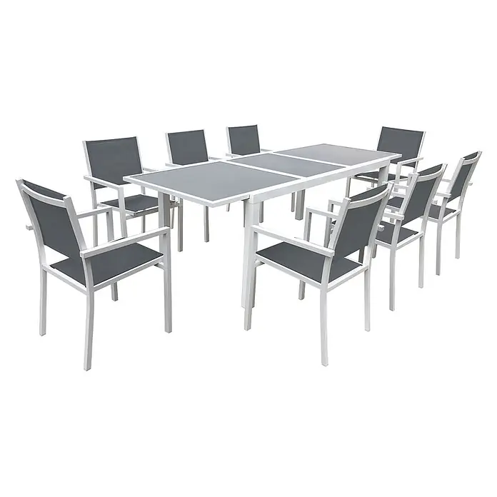 Happy Garden Gartentisch-Set FIRENZE - Gesamtumfang: 9 -tlg., Aluminium - Weißes Aluminium-Esstischset, ausziehbar: Tisch mit grauen Einsätzen und 8 Stühlen mit grauem Textil.