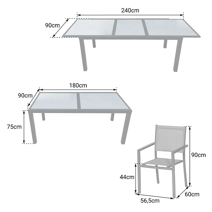 Happy Garden Gartentisch-Set FIRENZE - Gesamtumfang: 9 -tlg., Aluminium - Grauer ausziehbarer Gartentisch (180-240x90x75cm) und passender Stuhl (90x56.5x60cm) mit Maßen.