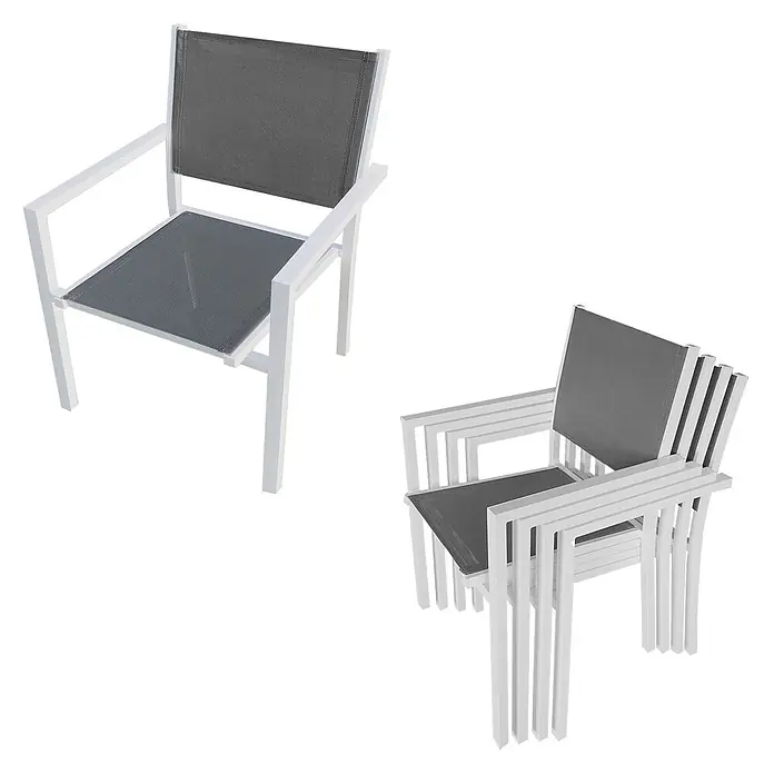 Happy Garden Gartentisch-Set FIRENZE - Gesamtumfang: 9 -tlg., Aluminium - Weißer Stapelstuhl mit grauem Stoffbezug, einzeln und gestapelt dargestellt.