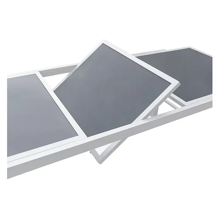 Happy Garden Gartentisch-Set FIRENZE - Gesamtumfang: 9 -tlg., Aluminium - Weißer Ausziehtisch mit grauen Paneelen, teilweise geöffnet.