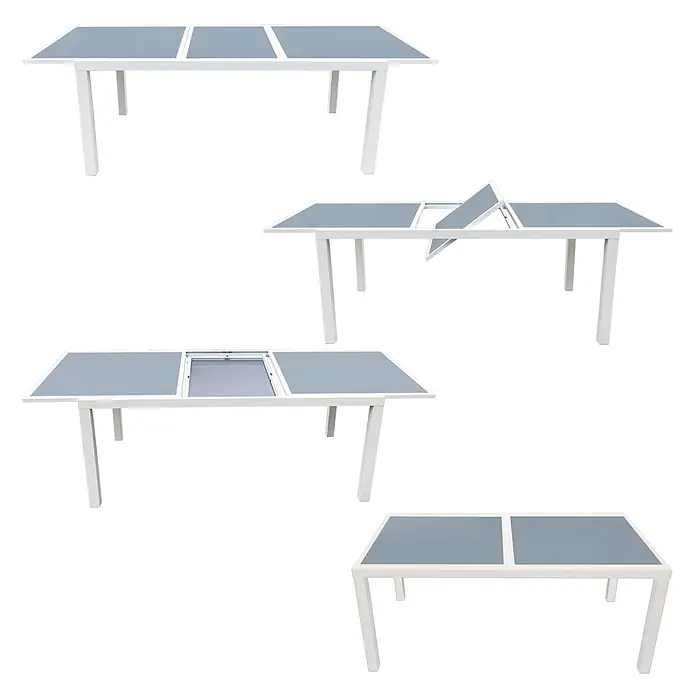 Happy Garden Gartentisch-Set FIRENZE - Gesamtumfang: 9 -tlg., Aluminium - Weißer ausziehbarer Tisch mit hellgrauen Platten, kompakt und ausgezogen dargestellt, zeigt den inneren Ausziehmechanismus.