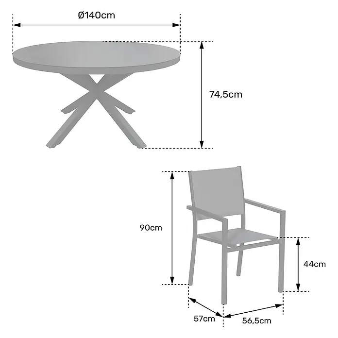 Happy Garden Gartentisch-Set GIALOVA - Gesamtumfang: 7 -tlg., Aluminium - Grauer runder Esstisch (Ø140xH74,5cm) mit sternförmigem Gestell und grauem Esszimmersessel (H90xB57xT56,5cm, Sitz H44cm).