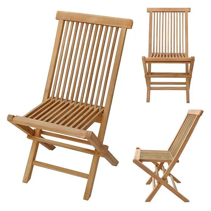 Happy Garden Gartentisch-Set LOMBOK - Gesamtumfang: 9 -tlg., Teakholz - Hellbrauner klappbarer Terrassenstuhl aus Holz, aus verschiedenen Blickwinkeln zur Hervorhebung des Designs und der Faltfunktion.