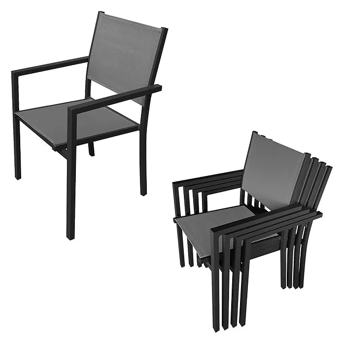 Happy Garden Gartentisch-Set CAGLIARI - Gesamtumfang: 9 -tlg., Aluminium - Stapelbare Terrassenstühle mit schwarzem Metallrahmen und grauem Netzgewebe. Ein Stuhl einzeln, weitere gestapelt.