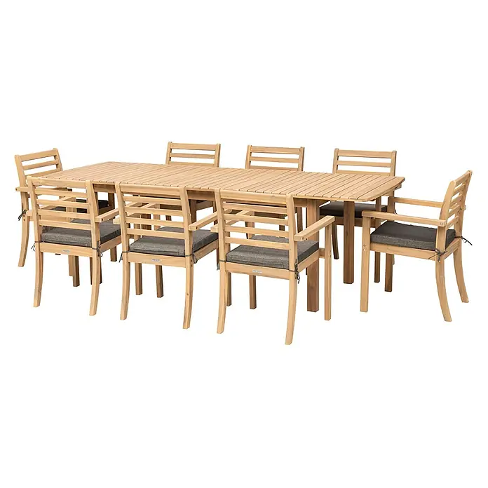 Happy Garden Gartentisch-Set PADAR - Gesamtumfang: 9 -tlg., Akazie - Helle Holz-Gartenessgruppe für 8 Personen mit rechteckigem Tisch und Stühlen mit grauen Kissen.