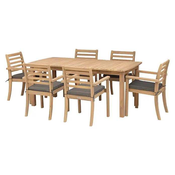 Happy Garden Gartentisch-Set PADAR - Gesamtumfang: 9 -tlg., Akazie - Gartenessgruppe aus Holz mit rechteckigem Tisch und sechs Stühlen mit dunkelgrauen Polstern.