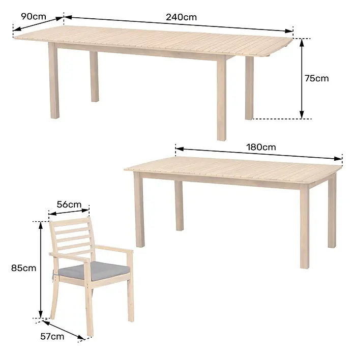 Happy Garden Gartentisch-Set PADAR - Gesamtumfang: 9 -tlg., Akazie - Ausziehbarer Gartentisch aus hellem Holz (240cm/180cm) und passender Stuhl mit grauem Kissen, Maße angegeben.