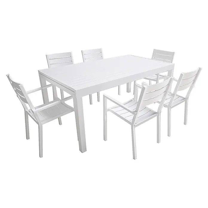 Happy Garden Gartentisch-Set VENEZIA - Gesamtumfang: 11 -tlg., Aluminium - Weißes Garten-Essset aus Lamellenmetall mit rechteckigem Tisch und sechs Stühlen.