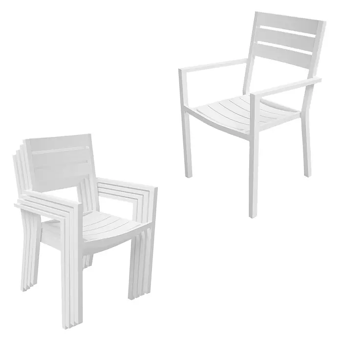 Happy Garden Gartentisch-Set VENEZIA - Gesamtumfang: 11 -tlg., Aluminium - Weiße stapelbare Sessel mit Lattenrost-Design. Ein einzelner Stuhl und ein Stuhlstapel sind abgebildet.