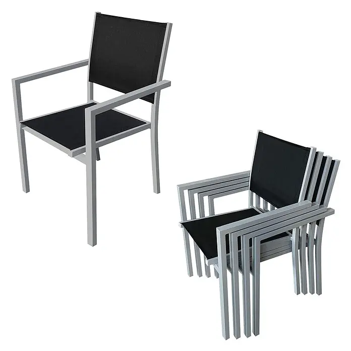Happy Garden Gartentisch-Set CAGLIARI - Gesamtumfang: 9 -tlg., Aluminium - Stapelbare hellgraue Aluminiumstühle mit schwarzen Stoffsitzen und Rückenlehnen.