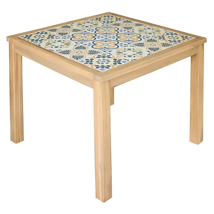 Set aus Gartentisch und -stühlen für 4 Personen aus Akazienholz und Keramik FARO -  - Quadratischer heller Holztisch mit bunter Mosaikfliesenplatte.