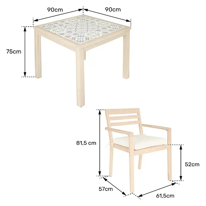 Set aus Gartentisch und -stühlen für 4 Personen aus Akazienholz und Keramik FARO -  - Heller Holztisch mit gemusterter Fliesenplatte und passendem Stuhl mit cremefarbenem Kissen.