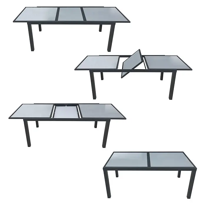 Happy Garden Gartentisch-Set FIRENZE - Gesamtumfang: 9 -tlg., Aluminium - Ausziehbarer Terrassentisch aus schwarzem Metall mit grauer Glasplatte, kompakt und ausgezogen mit Mittelsegment gezeigt.