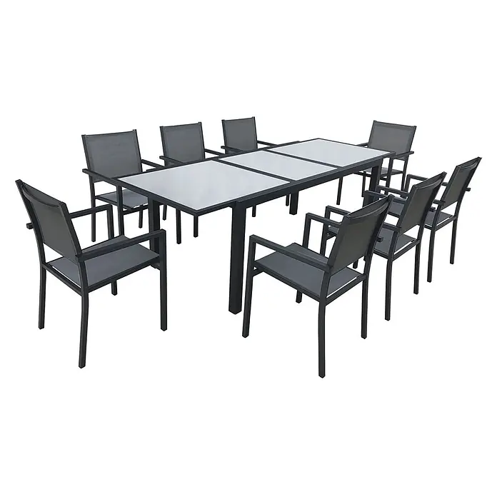 Happy Garden Gartentisch-Set FIRENZE - Gesamtumfang: 9 -tlg., Aluminium - Dunkelgraues Outdoor-Essset aus Metall und Netzstoff, ausziehbarem Glastisch und 10 Stühlen.
