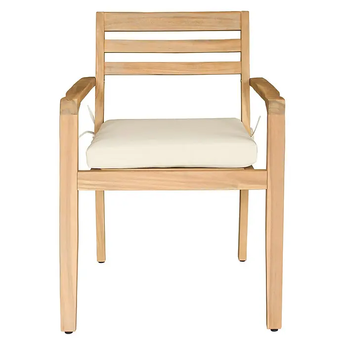 Set aus Gartentisch und -stühlen für 4 Personen aus Akazienholz und Keramik FARO -  - Heller Holz-Sessel mit Lamellenrückenlehne und Armlehnen, mit cremefarbenem Sitzkissen.