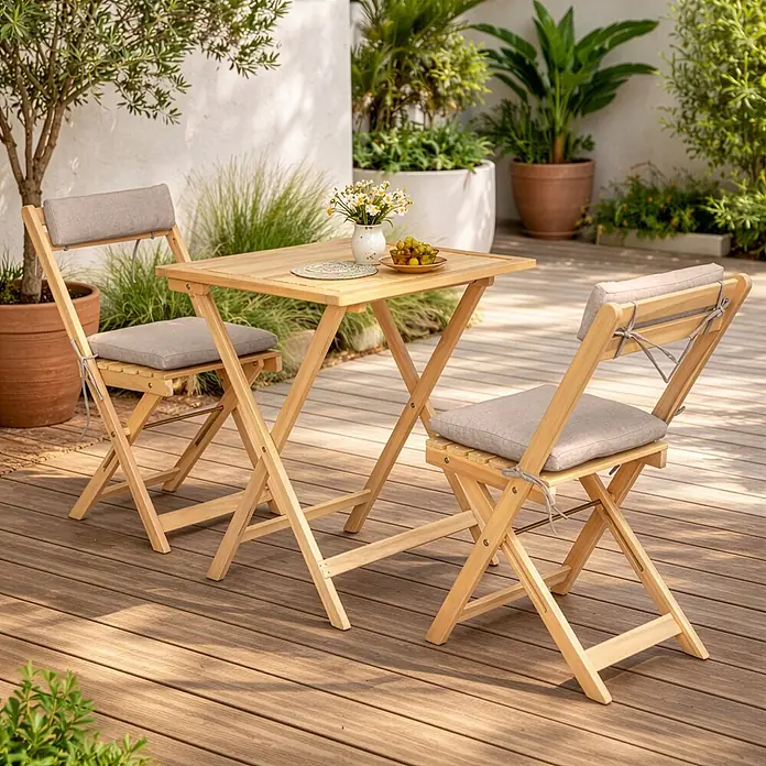 Happy Garden Gartentisch-Set BENAGIL - Gesamtumfang: 3 -tlg., Akazie - Klappbares Bistro-Set aus Holz mit quadratischem Tisch und zwei Stühlen mit grauen Kissen auf einer Außenterrasse.