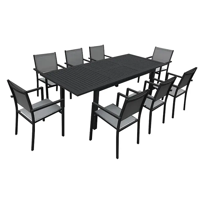 Happy Garden Gartentisch-Set CAPRI - Gesamtumfang: 9 -tlg., Aluminium - Schwarze Outdoor-Essgruppe aus Metall mit rechteckigem Lamellentisch und zehn grauen Stoffstühlen mit Armlehnen.