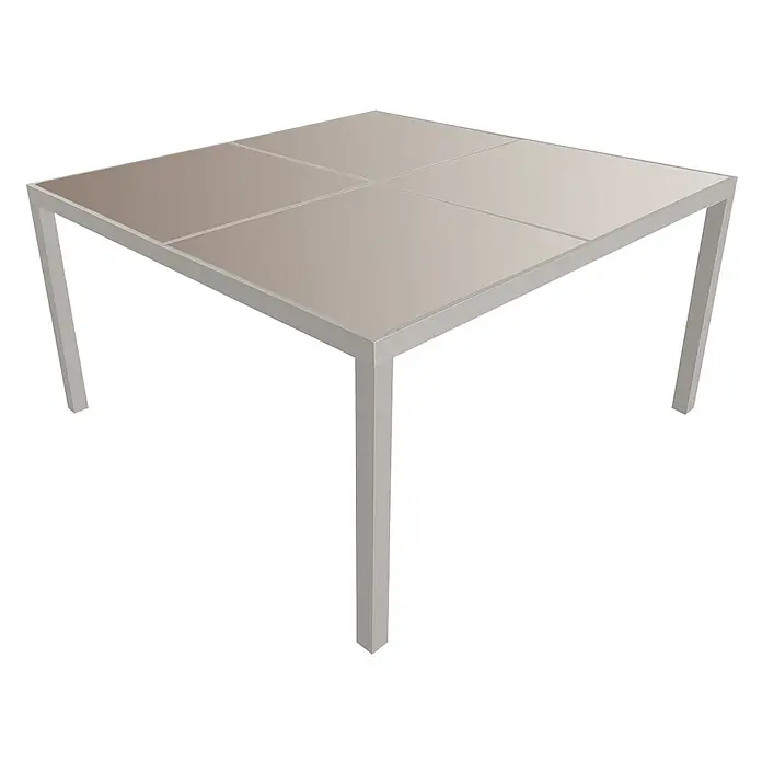 Happy Garden Gartentisch-Set CAGLIARI - Gesamtumfang: 9 -tlg., Aluminium - Quadratischer Tisch mit hellgrauem Rahmen und einer hellbraunen Glasplatte mit vier Paneelen.
