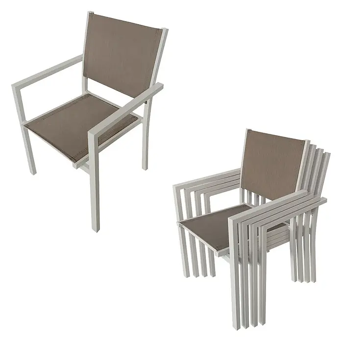 Happy Garden Gartentisch-Set CAGLIARI - Gesamtumfang: 9 -tlg., Aluminium - Hellgraue Outdoor-Stühle mit braunem Sling-Stoff für Sitz und Rücken, einzeln und gestapelt gezeigt.