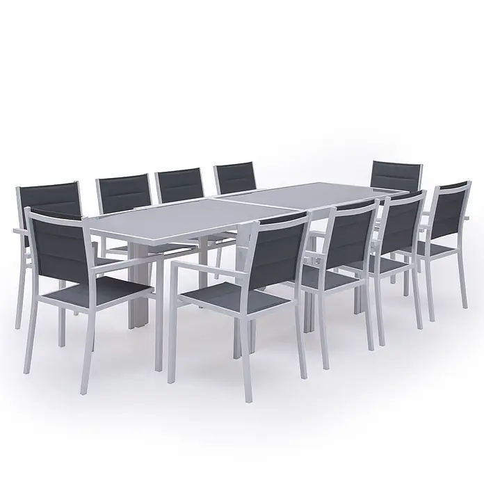Happy Garden Gartentisch-Set LAMPEDUSA - Gesamtumfang: 11 -tlg., Aluminium - Großes 12-sitziges Outdoor-Esszimmer-Set aus weißem Aluminium und grauem Stoff mit langem Tisch und passenden Stühlen.