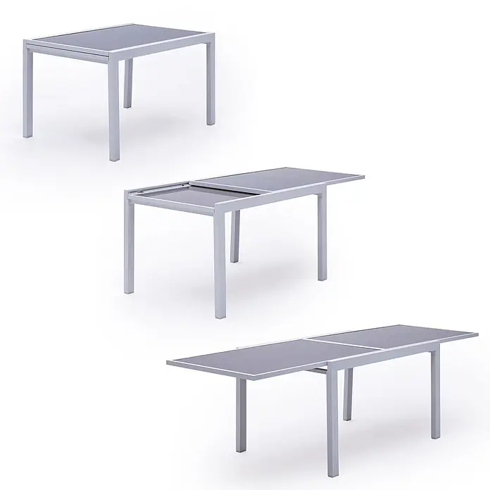 Happy Garden Gartentisch-Set LAMPEDUSA - Gesamtumfang: 11 -tlg., Aluminium - Ausziehbarer rechteckiger Gartentisch mit hellgrauem Aluminiumgestell und dunkelgrauer Glasplatte, kompakt, teil- und voll ausgezogen.